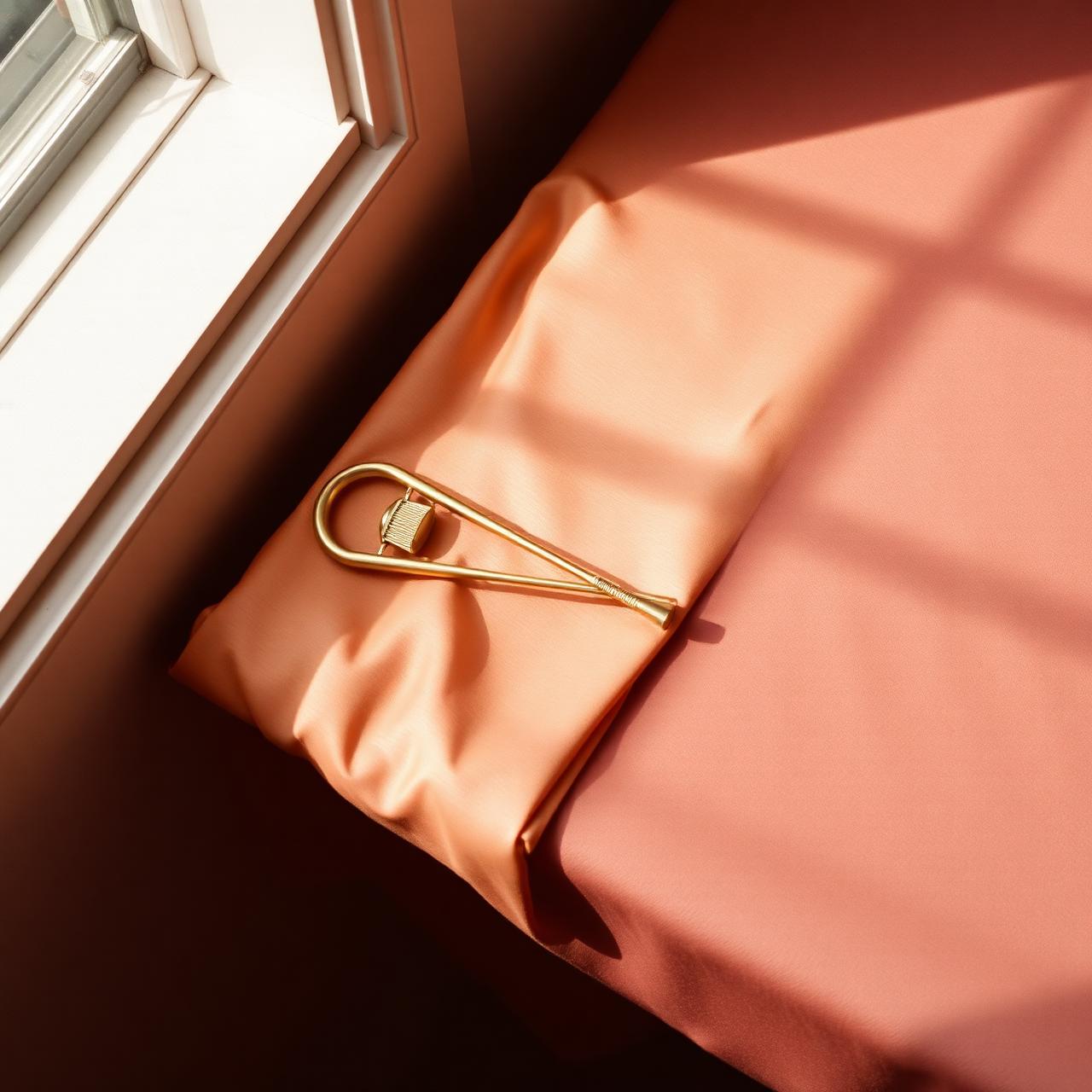 A brass tuning fork resting on raw silk in warm light